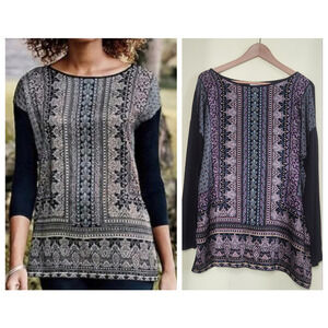 J.Jill Long Sleeve Boho Tunic Blouse Women L Black Geo Print Raglan Top Luxe